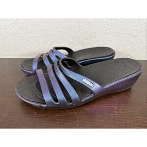 Crocs Women’s Strappy Rhonda Wedge Slip On Iridescent Black Sandals Size 9